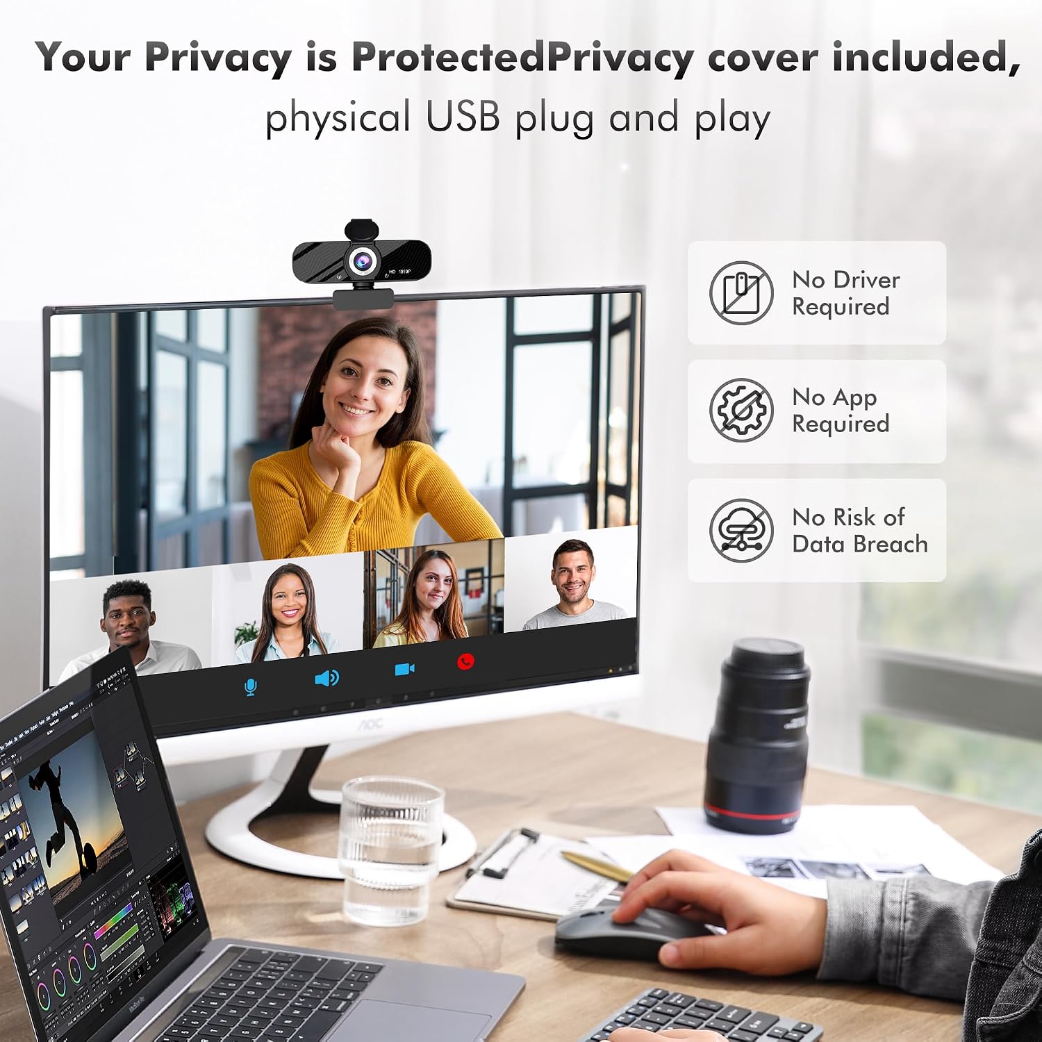 Full HD Webcam with Built-in Microphone and Rotatable Tripod, 1080P Video and Wide Angle Camera, Privacy Cover, for Desktop PC or Laptop Computer - Image 2