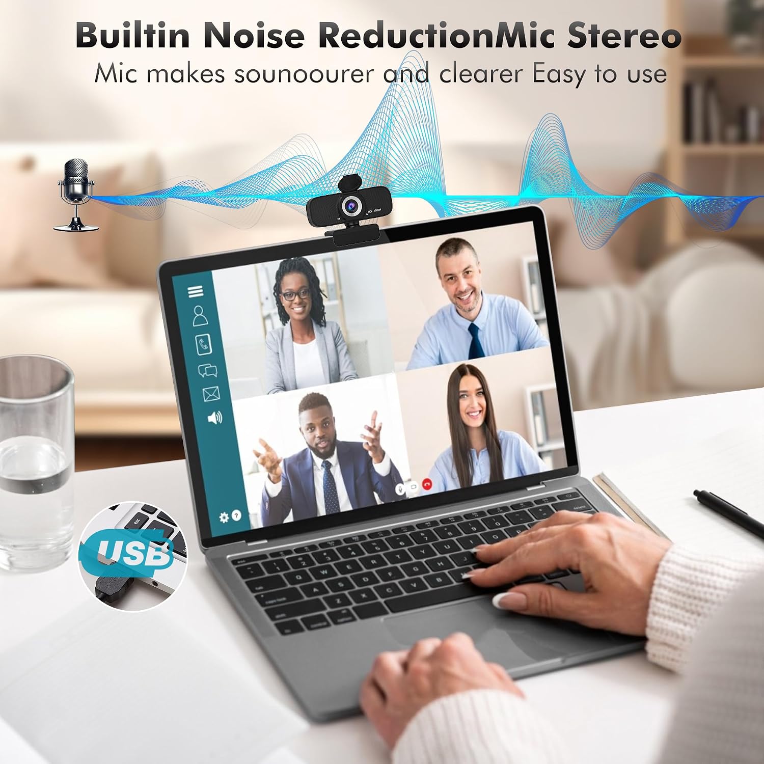 Full HD Webcam with Built-in Microphone and Rotatable Tripod, 1080P Video and Wide Angle Camera, Privacy Cover, for Desktop PC or Laptop Computer - Image 3