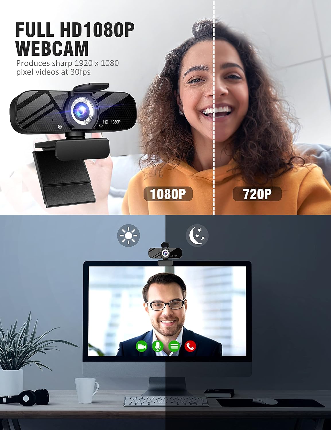 Full HD Webcam with Built-in Microphone and Rotatable Tripod, 1080P Video and Wide Angle Camera, Privacy Cover, for Desktop PC or Laptop Computer - Image 4