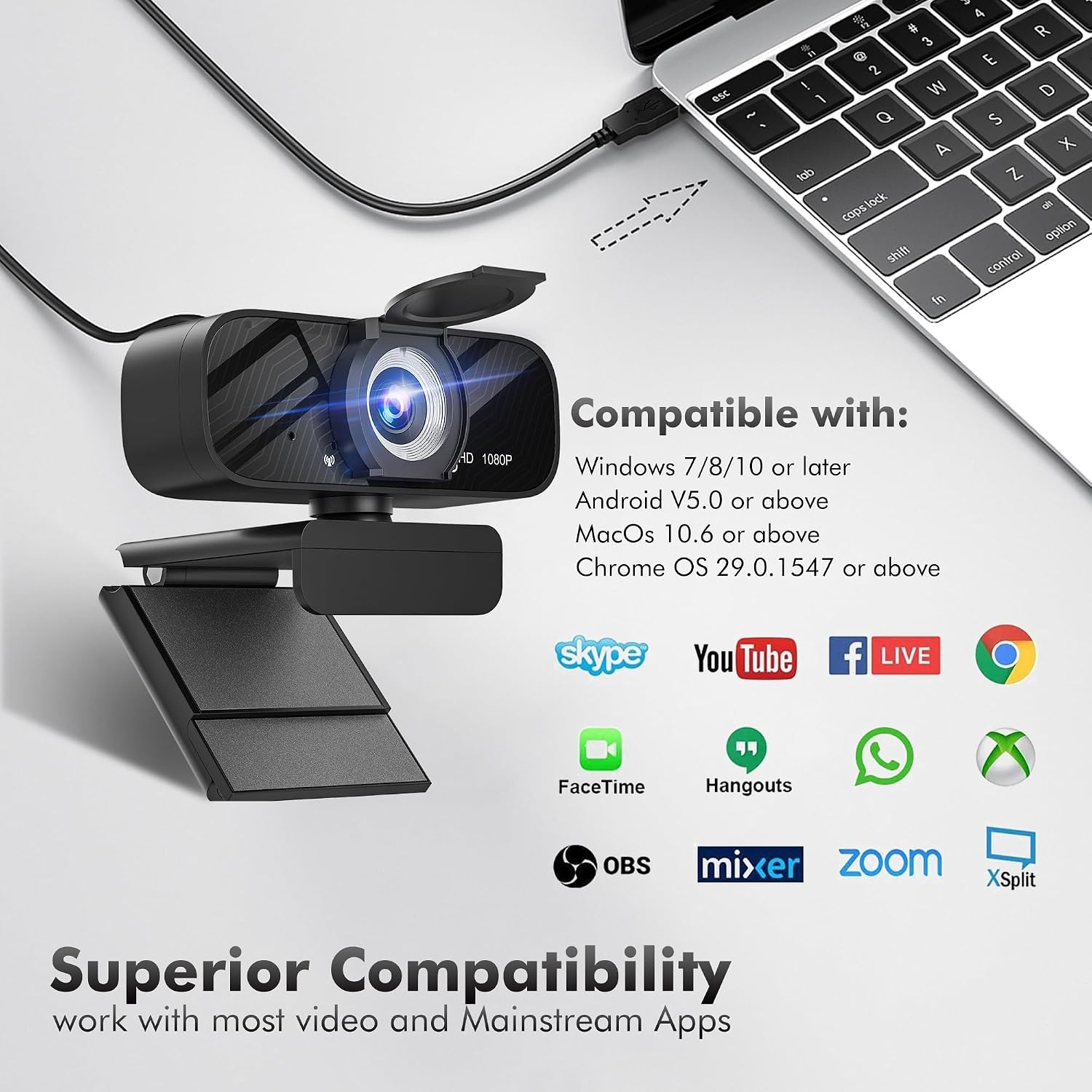 Full HD Webcam with Built-in Microphone and Rotatable Tripod, 1080P Video and Wide Angle Camera, Privacy Cover, for Desktop PC or Laptop Computer - Image 7