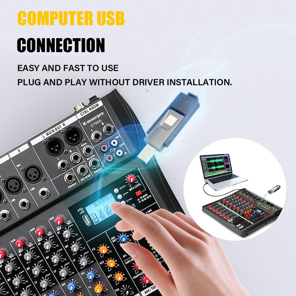 8 Channel Professional Audio Mixer Console Sound Board with 48V Phantom Power,USB Audio Interface for Live Show,Streaming Recording Music Stage Karaoke - Image 4