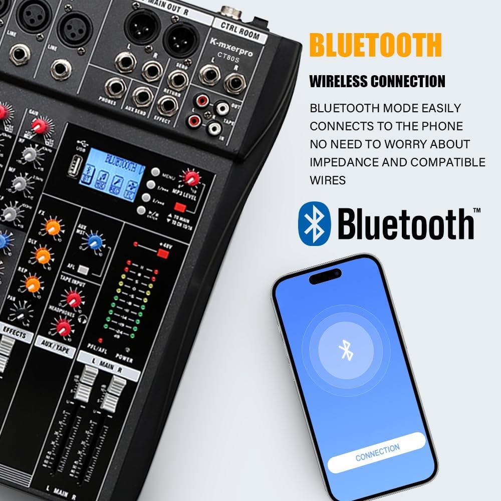 8 Channel Professional Audio Mixer Console Sound Board with 48V Phantom Power,USB Audio Interface for Live Show,Streaming Recording Music Stage Karaoke - Image 5