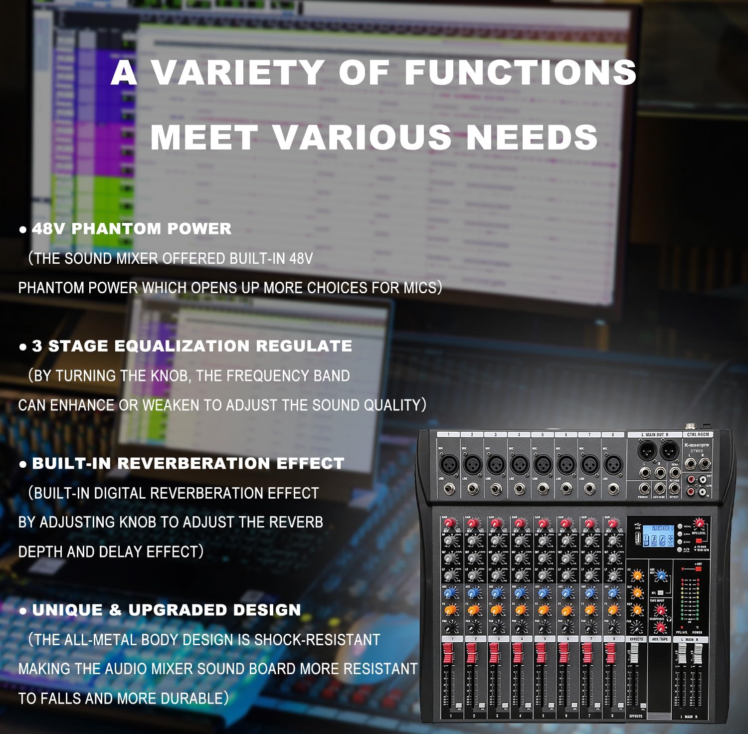 8 Channel Professional Audio Mixer Console Sound Board with 48V Phantom Power,USB Audio Interface for Live Show,Streaming Recording Music Stage Karaoke - Image 6